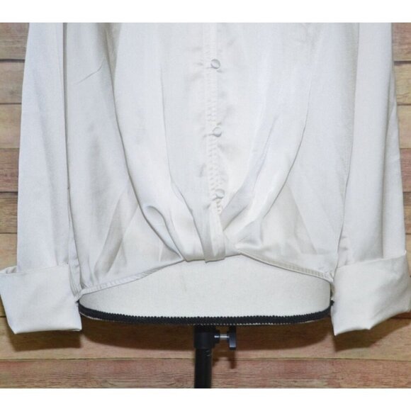 Sanctuary Ivory Button Front Collared Silky Blouse Top Size L V-Neck Career - Picture 3 of 12